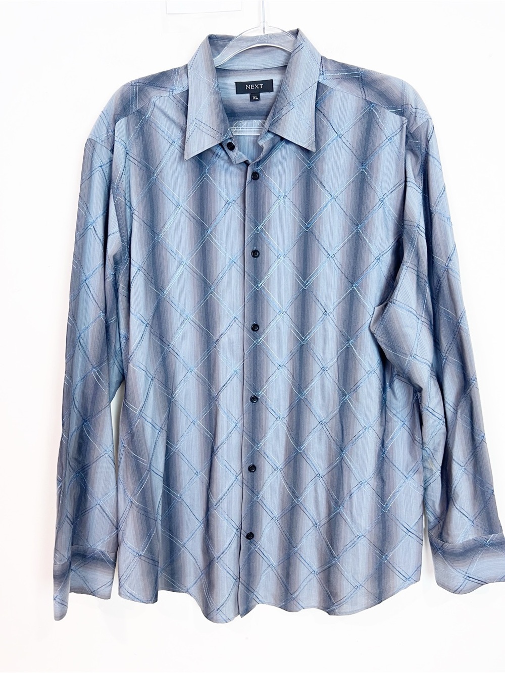 NEXT GRAY OMBRE WITH BLUE EMBROIDERED PATTERN LONG SLEEVE SHIRT MENS SZ XL